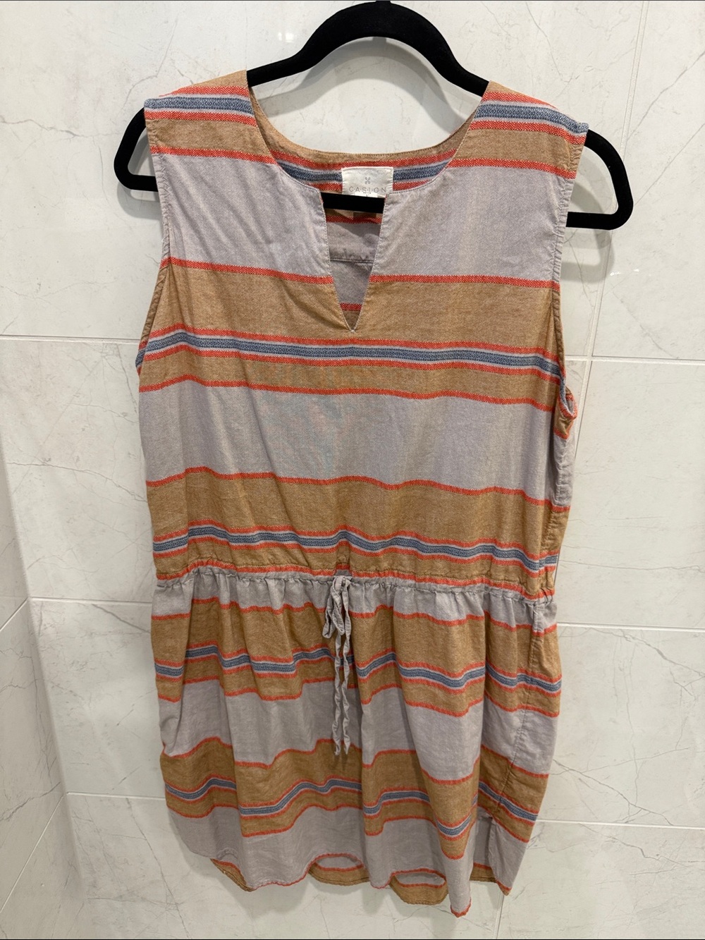 Caslon Striped Sleeveless Midi Dress in Gray, Tan & Coral